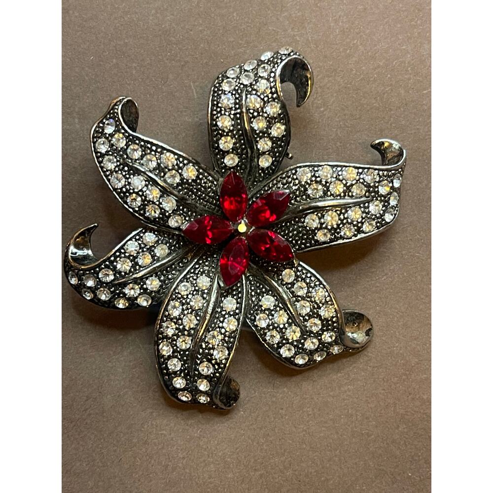 Vintage ROM Floral Brooch Clear Rhinestones Red Navette Flower Dark Metal 2.5”
